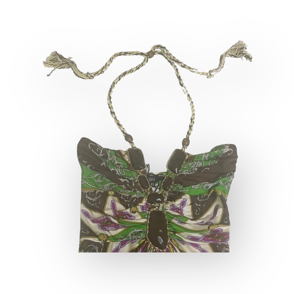 aso TV’s 90210 ✦ Sky ✦ Jeweled Neck Bold Print Silk Halter Top ✦ Braided Straps - Picture 7 of 16